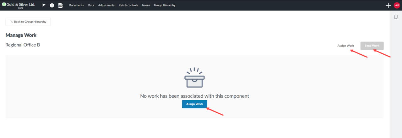 a user interface of a component within the group hierarchy showing that no work has yet been assigned to this component. An arrow points to the Assign Work button and the subactions buttons to assign work and to send work, once work is assigned